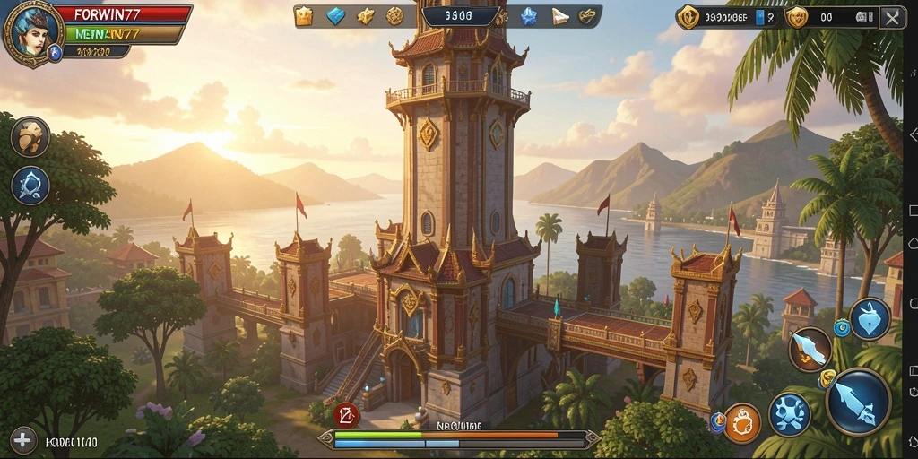 Tampilan menara pertahanan yang strategis dalam gameplay FORWIN77.