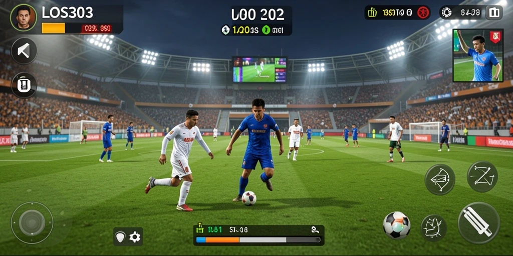 Gameplay menarik dengan aksi sepak bola yang mendebarkan.