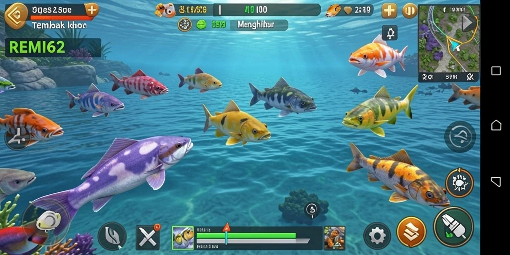Screenshot gameplay REMI62 menunjukkan aksi seru menembak ikan berwarna-warni.