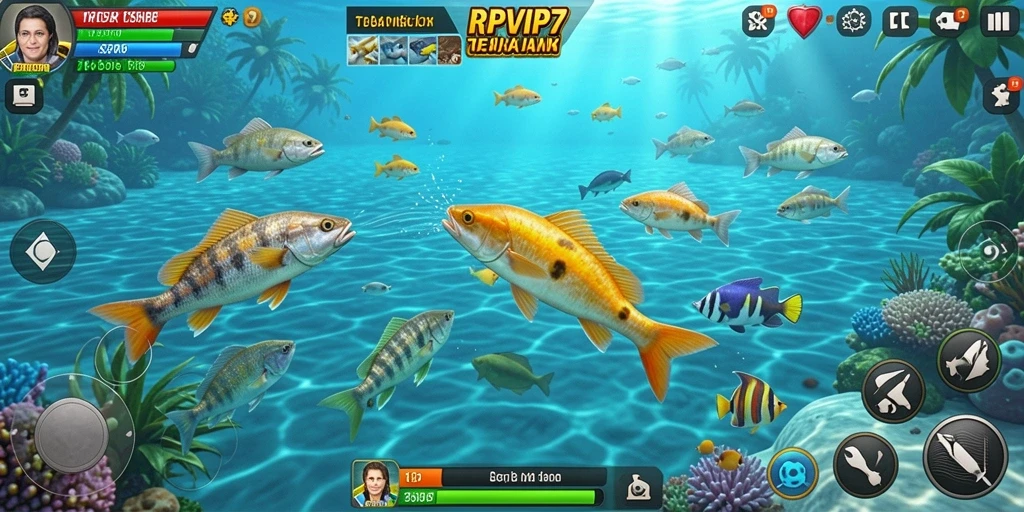 Screenshot RPVIP7 menampilkan aksi menembak ikan yang seru di bawah laut.